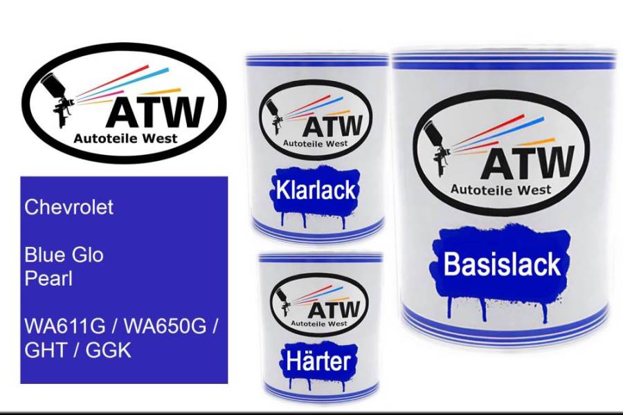 Chevrolet, Blue Glo Pearl, WA611G / WA650G / GHT / GGK: 1L Lackdose + 1L Klarlack + 500ml Härter - Set, von ATW Autoteile West.